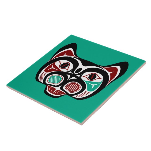 Native American Red Black Vector Art Kitty Ceramic Tile (Side)