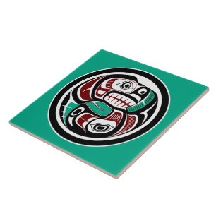 Native American Red Black Vector Art Otter Salmon Ceramic Tile