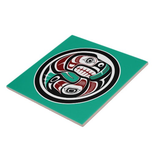 Native American Red Black Vector Art Otter Salmon Ceramic Tile