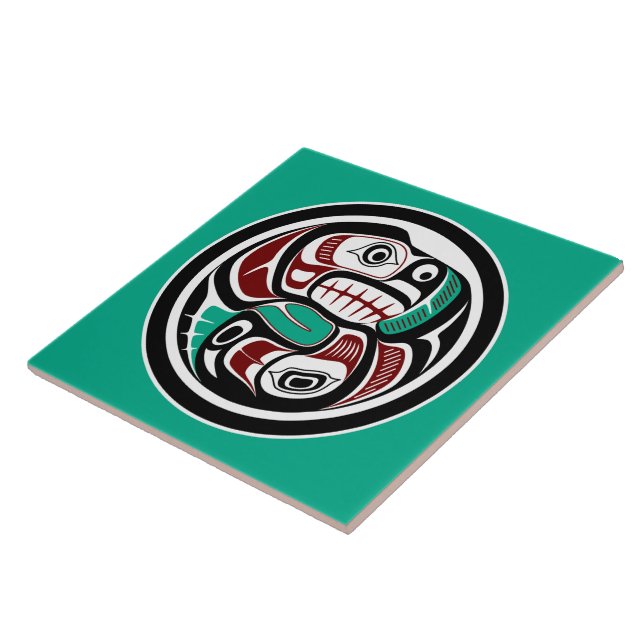 Native American Red Black Vector Art Otter Salmon Ceramic Tile (Side)