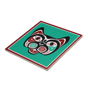Native American Red Black Vector Haida Art Kitty Ceramic Tile