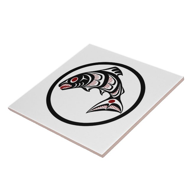 Native American Red Black White Haida Art Salmon Ceramic Tile (Side)