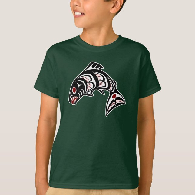 Native American Red Black White Haida Art Salmon T-Shirt (Front)
