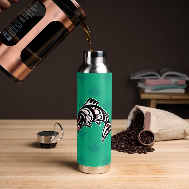 Native American Red Black White Haida Art Salmon Water Bottle (Coffee (Rotated))
