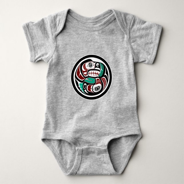 Native American Red Black White Haida Otter Salmon Baby Bodysuit (Front)