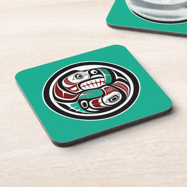 Native American Red Black White Haida Otter Salmon Beverage Coaster (Left Side)