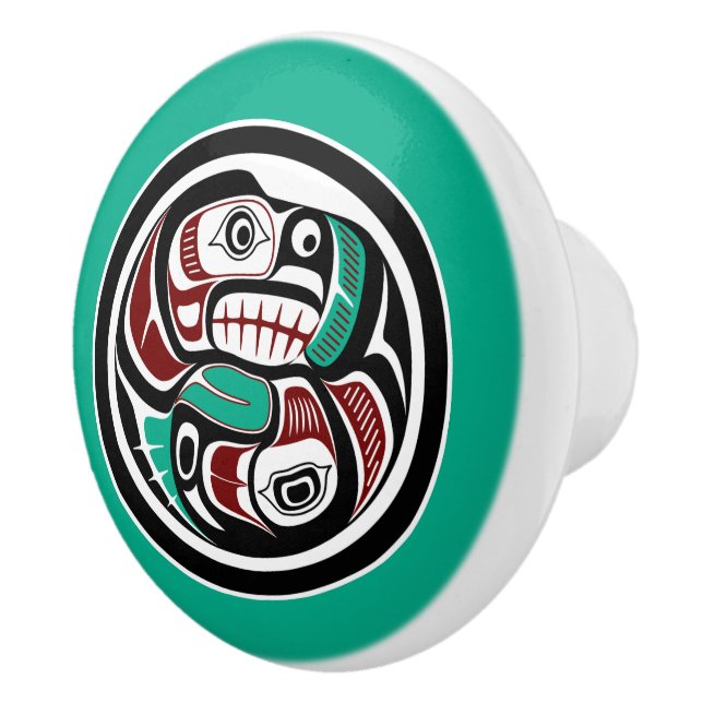 Native American Red Black White Haida Otter Salmon Ceramic Knob (Right)