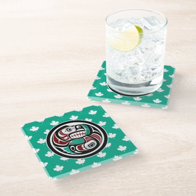 Native American Red Black White Haida Otter Salmon Glass Coaster (Angled)
