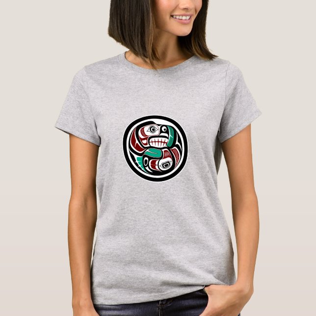 Native American Red Black White Haida Otter Salmon T-Shirt (Front)