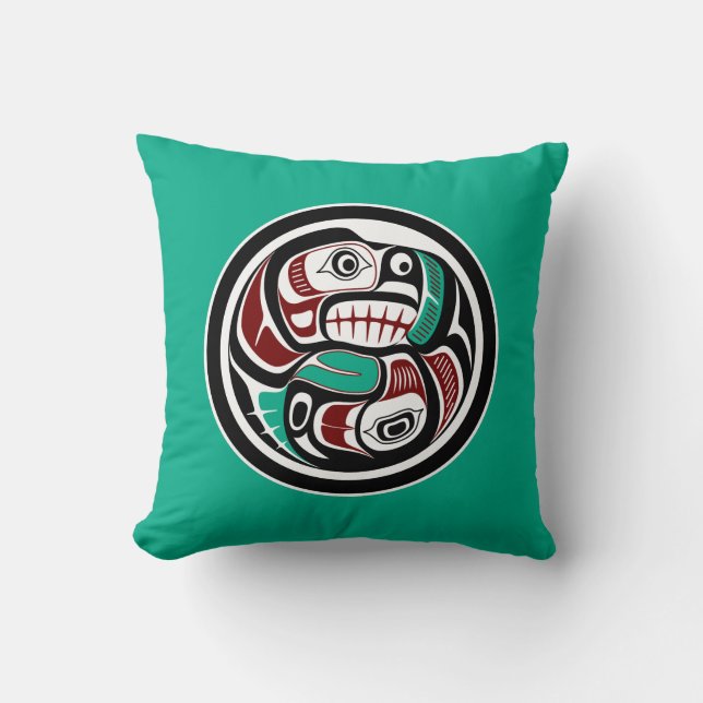 Native American Red Black White Haida Otter Salmon Throw Pillow (Front)