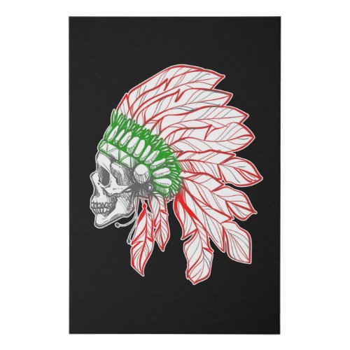 Native american red green featehrs skull profile faux canvas print