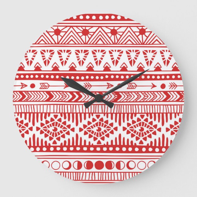 Native American: Red Ink Doodle. Large Clock (Front)
