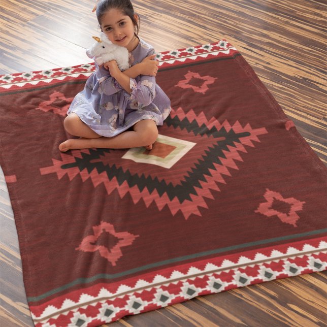 Native American Red Pattern Indian Tribal Geometry Fleece Blanket (Creator Uploaded)