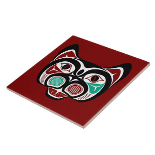 Native American Red White Black Haida Art Kitty Ceramic Tile