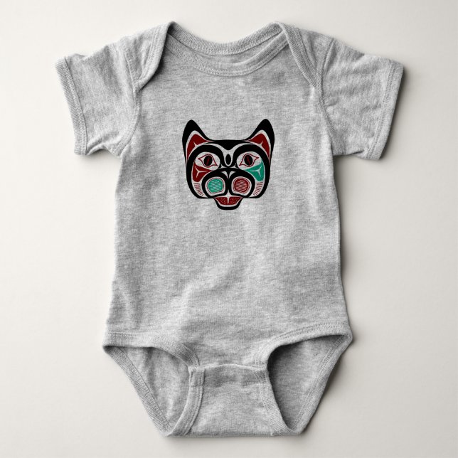 Native American Red White Black Haida Kitty Baby Bodysuit (Front)