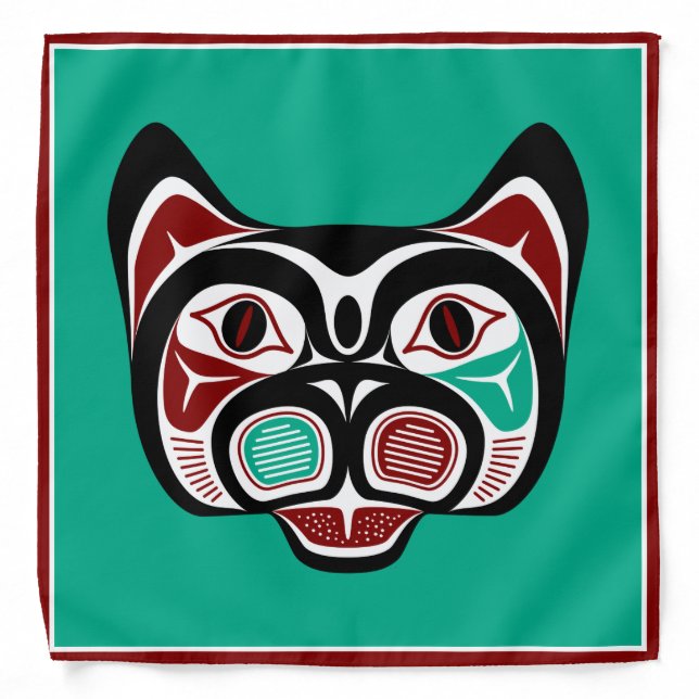 Native American Red White Black Haida Kitty Bandana (Front)