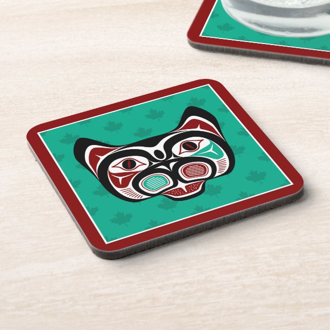 Native American Red White Black Haida Kitty Beverage Coaster (Left Side)