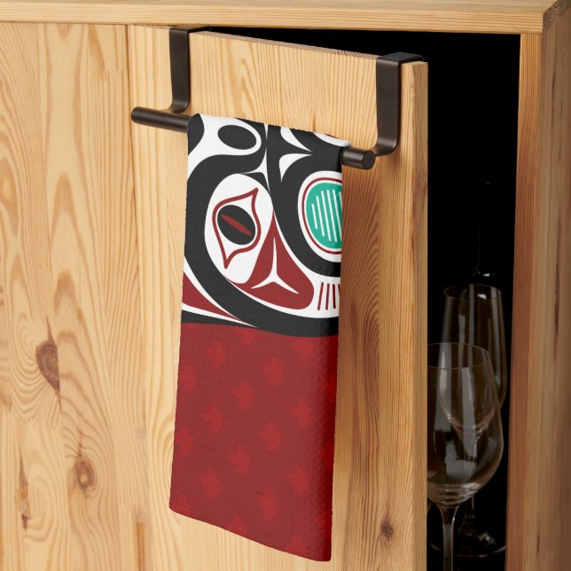 Native American Red White Black Haida Kitty Kitchen Towel (Thirds Fold)