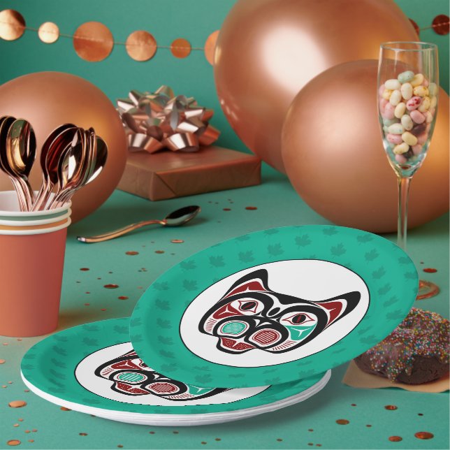 Native American Red White Black Haida Kitty Paper Plates (Multi)