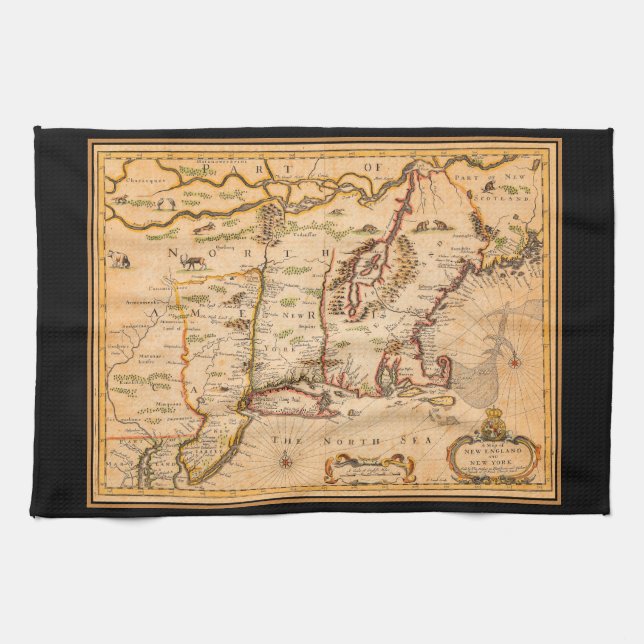Native American Settlements 1600s New England Map  Kitchen Towel (Horizontal)