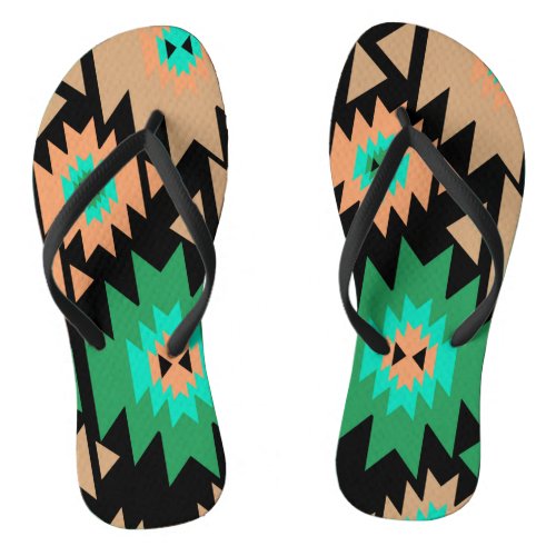 Native american shapes in green and brown flip flops