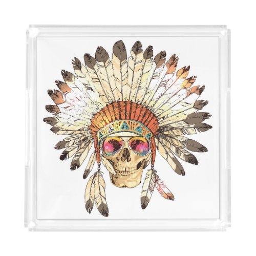 Native American Skull Fashion Illustration Acrylic Tray