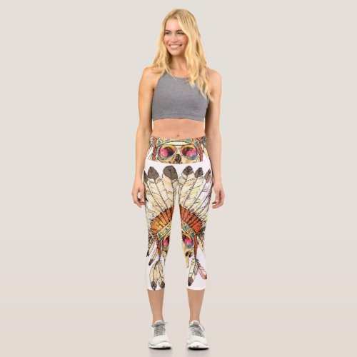 Native American Skull Fashion Illustration Capri Leggings