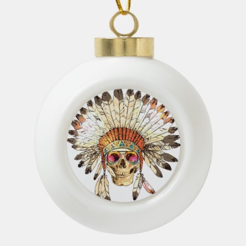 Native American Skull Fashion Illustration Ceramic Ball Christmas Ornament