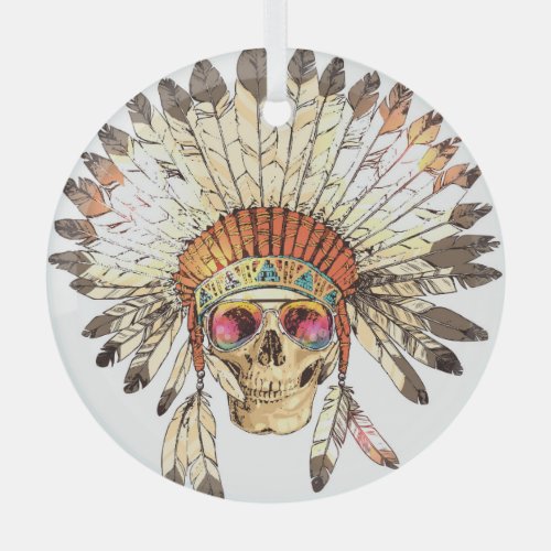 Native American Skull Fashion Illustration Glass Ornament