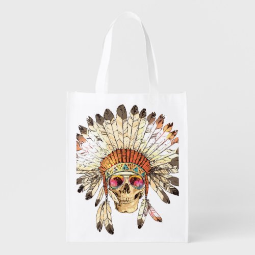 Native American Skull Fashion Illustration Grocery Bag