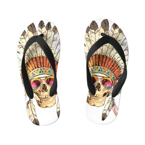 Native American Skull Fashion Illustration Kids Flip Flops