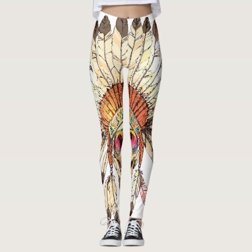 Native American Skull Fashion Illustration Leggings