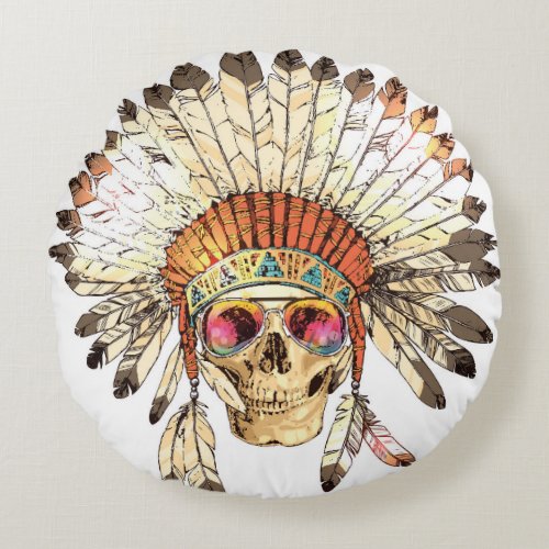 Native American Skull Fashion Illustration Round Pillow