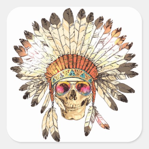 Native American Skull Fashion Illustration Square Sticker