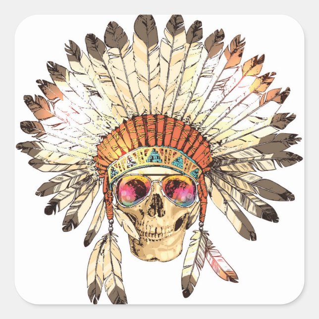Native American Skull Fashion Illustration Square Sticker (Front)