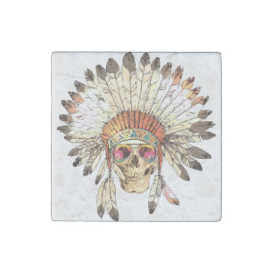 Native American Skull Fashion Illustration Stone Magnet