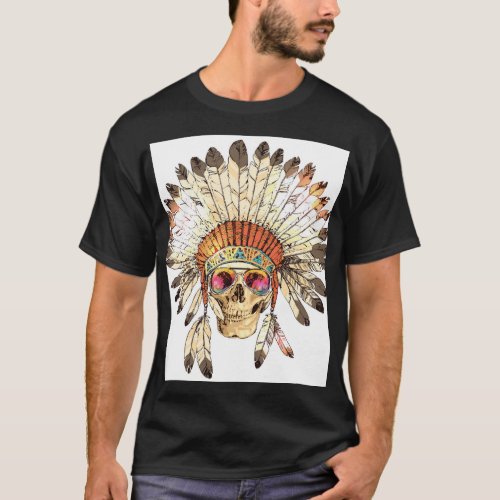 Native American Skull Fashion Illustration T_Shirt