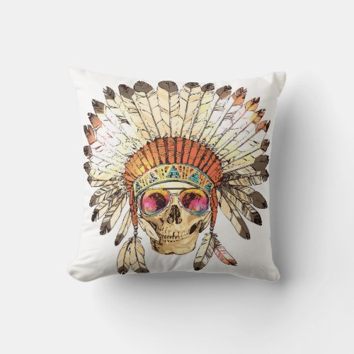 Native American Skull Fashion Illustration Throw Pillow