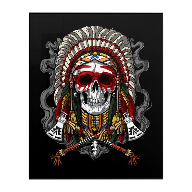 Native American Skull Indian Chief Headdress Acrylic Print (Front)