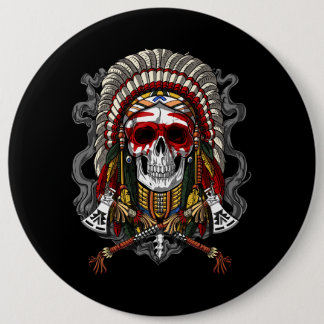 Native American Skull Indian Chief Headdress Button
