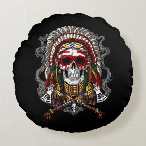 Native American Skull Indian Chief Headdress Round Pillow