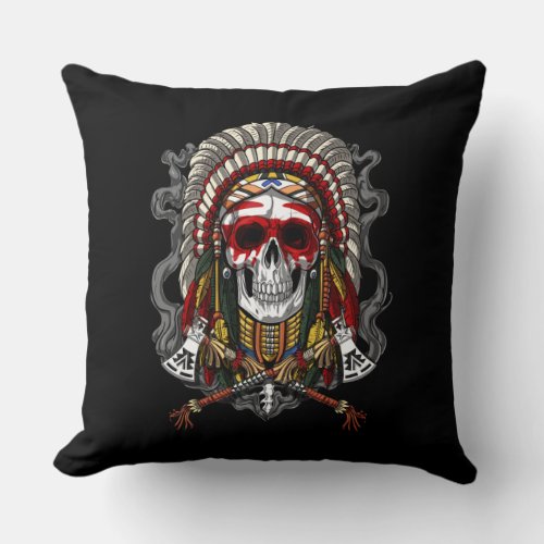 Native American Skull Indian Chief Headdress Throw Pillow