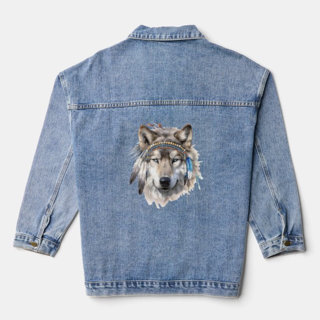 Native American Spirit Animal Wolf Woman's Denim  Jacket (Back)