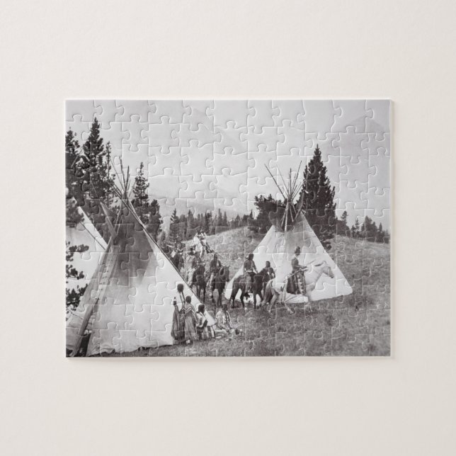 Native American Teepee Camp, Montana, c.1900 (b/w Jigsaw Puzzle (Horizontal)
