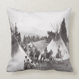 Native American Teepee Camp, Montana, c.1900 (b/w Throw Pillow