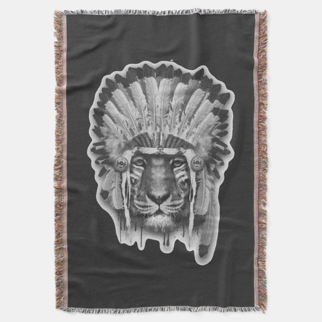 Native American Tiger Chief Throw Blanket (Front Vertical)