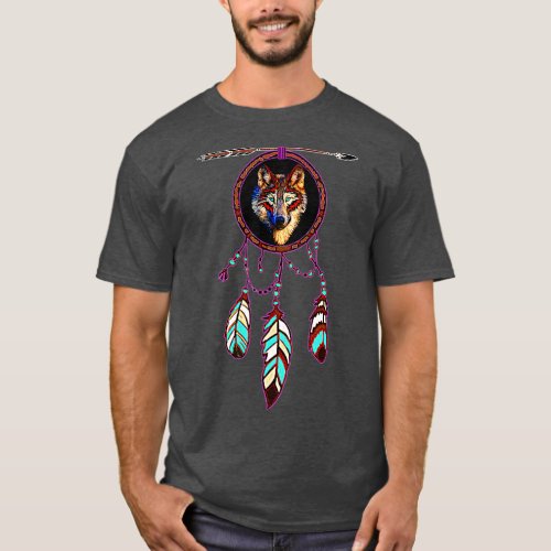 Native American Timber Wolf Dream Catcher Tribal T_Shirt