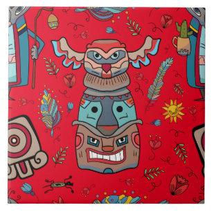 Native American Totem Red Ceramic Tile