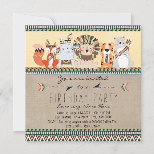 Native American Tribal Animal Kids Birthday Party Invitation