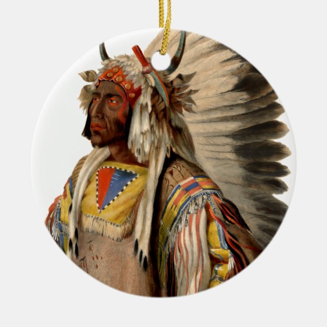Native American Tribal Indian Chief Head Dress Ceramic Ornament (Front)